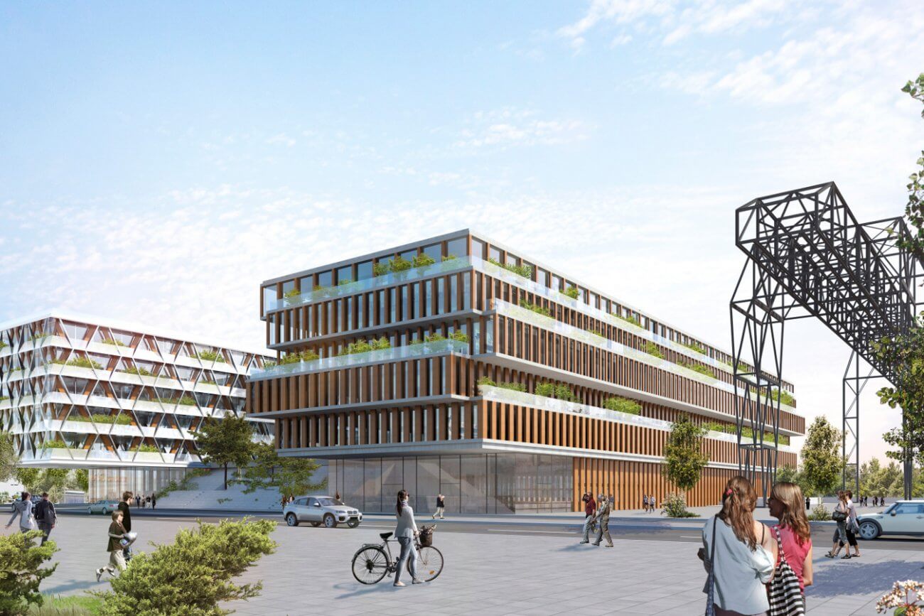 Grafische Vorschau auf den FoodCampus: Begrüntes Gebäude mit Holz-Glas-Fassade